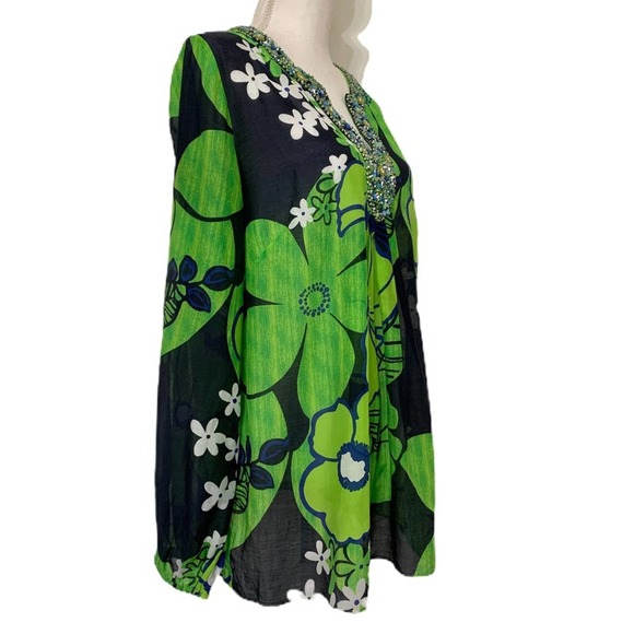 Lafayette 148 Green Mod Floral Print Beaded Tunic - Picture 8 of 15